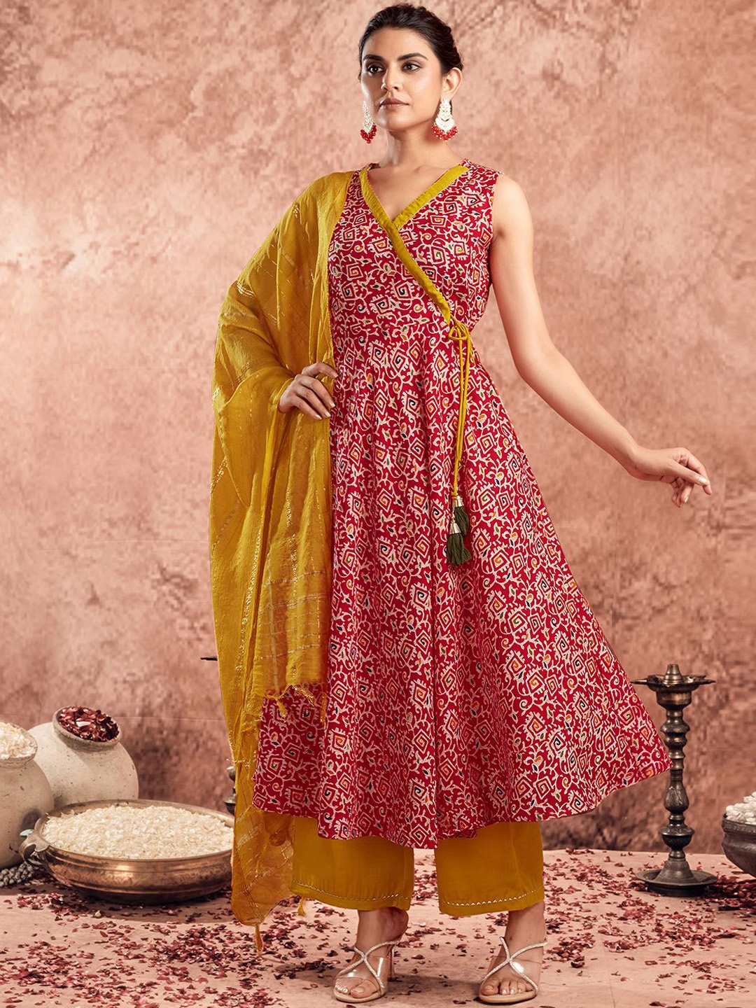 

SKYLEE Red Geometric Printed Angrakha Styled Anarkali Kurta With Palazzos & Dupatta