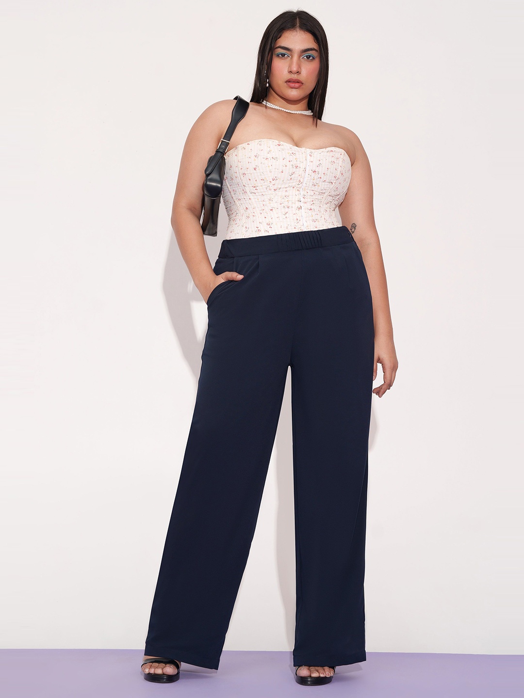 

Freakins Women Relaxed Straight Leg Loose Fit High-Rise Korean Pant, Navy blue