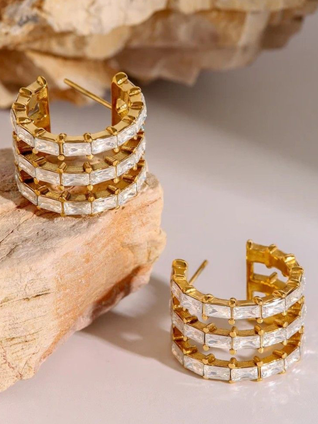 

PALMONAS Gold-Plated Stainless Steel Anti-Tarnish Cubic Zirconia Stone Studded Studs