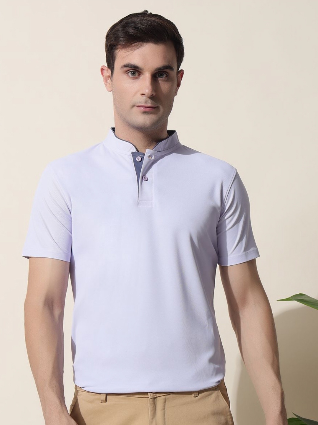 

MUWIN Men Mandarin Collar Pockets T-shirt, Cream