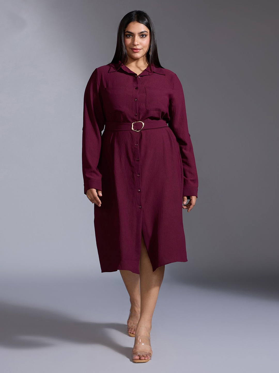 

20Dresses Women Shirt Collar Long Sleeves A-Line Midi Dress With Belt, Maroon