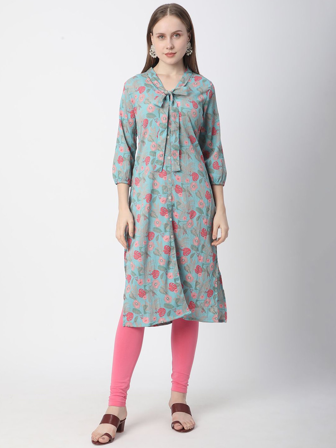 

R&B Floral Printed Tie-Up Neck Puff Sleeves Straight Kurta, Green