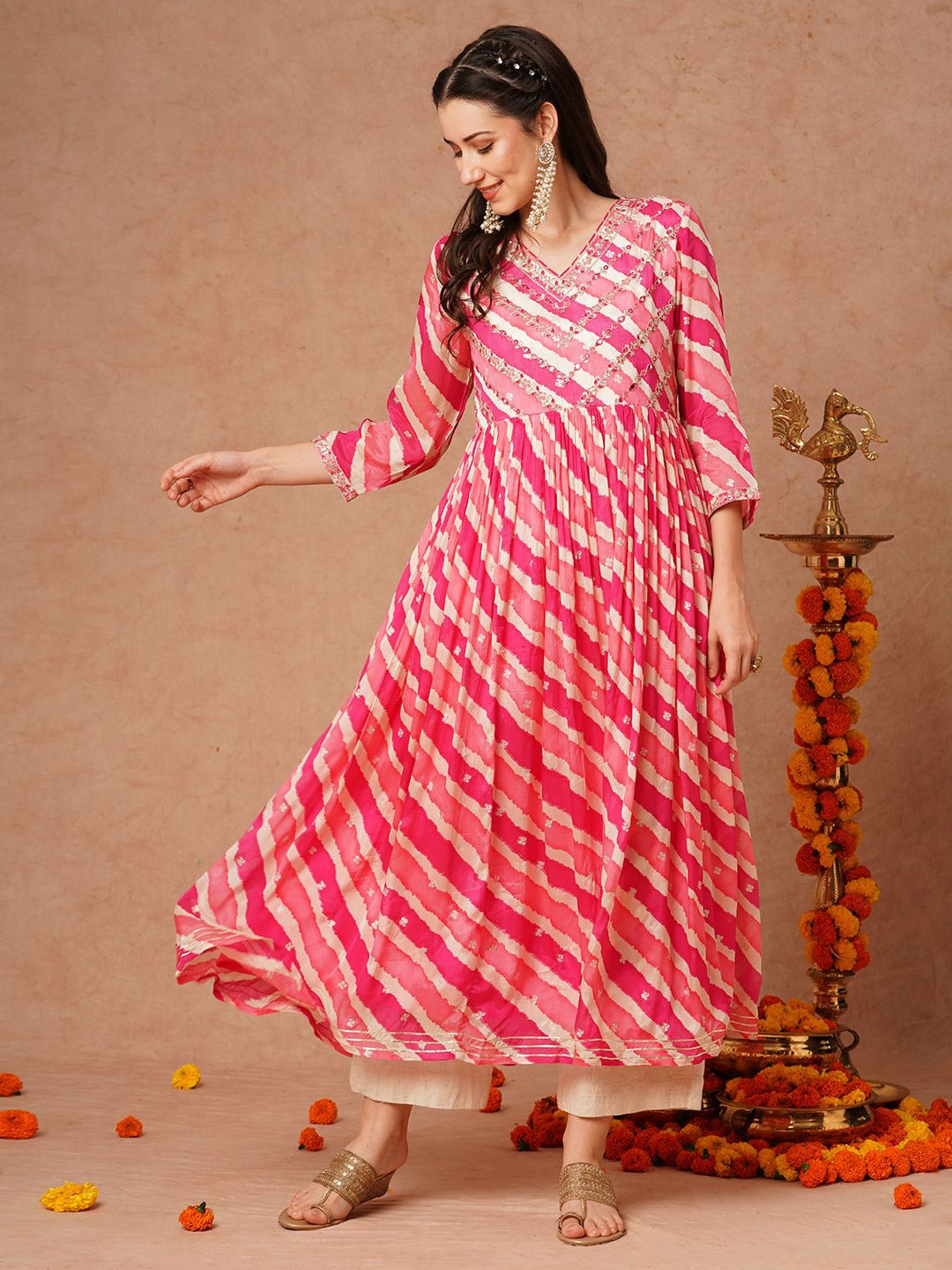 

FASHOR Leheriya Printed Embroidered Fit & Flared Maxi Dress, Pink