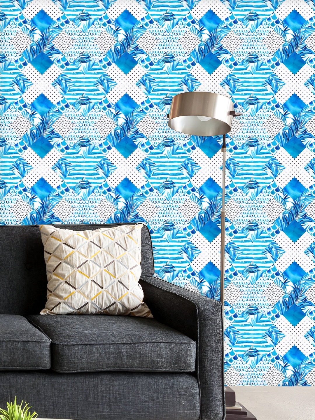 

ArtzFolio Printed UV-Resistant Anti-Bacterial Abstract Blue Geometric Elements Peel & Stick Wallpaper, Multi