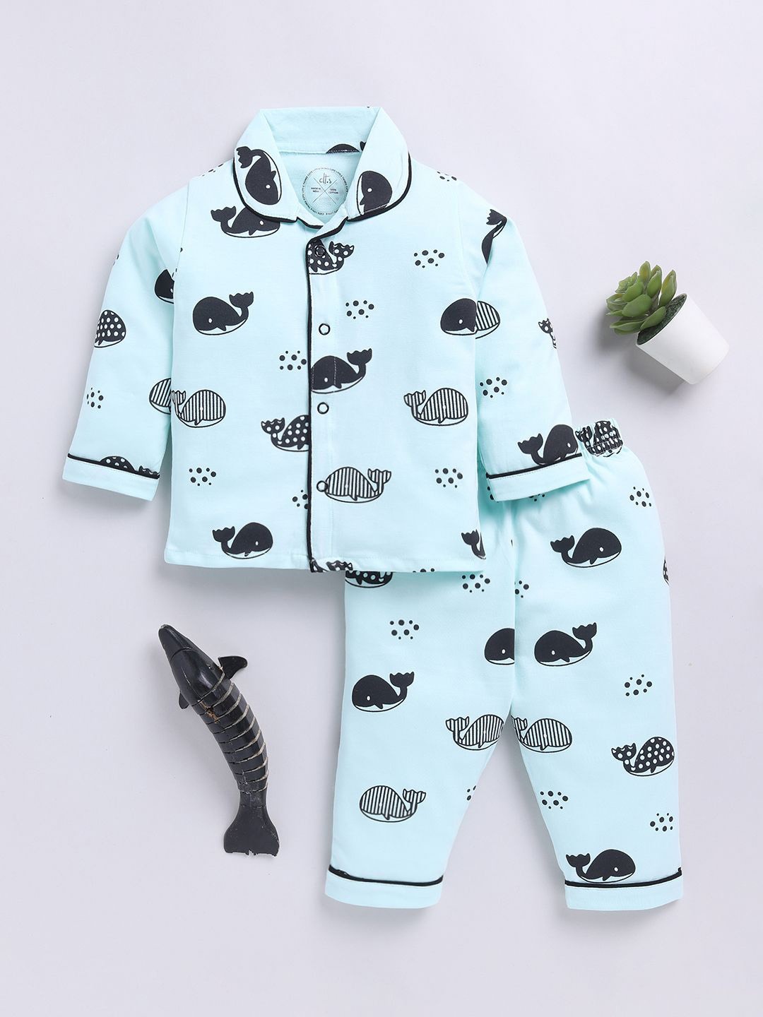 

Clt.s Kids Printed Pure Cotton Shirt Collar Long Sleeves Night Suit, Blue