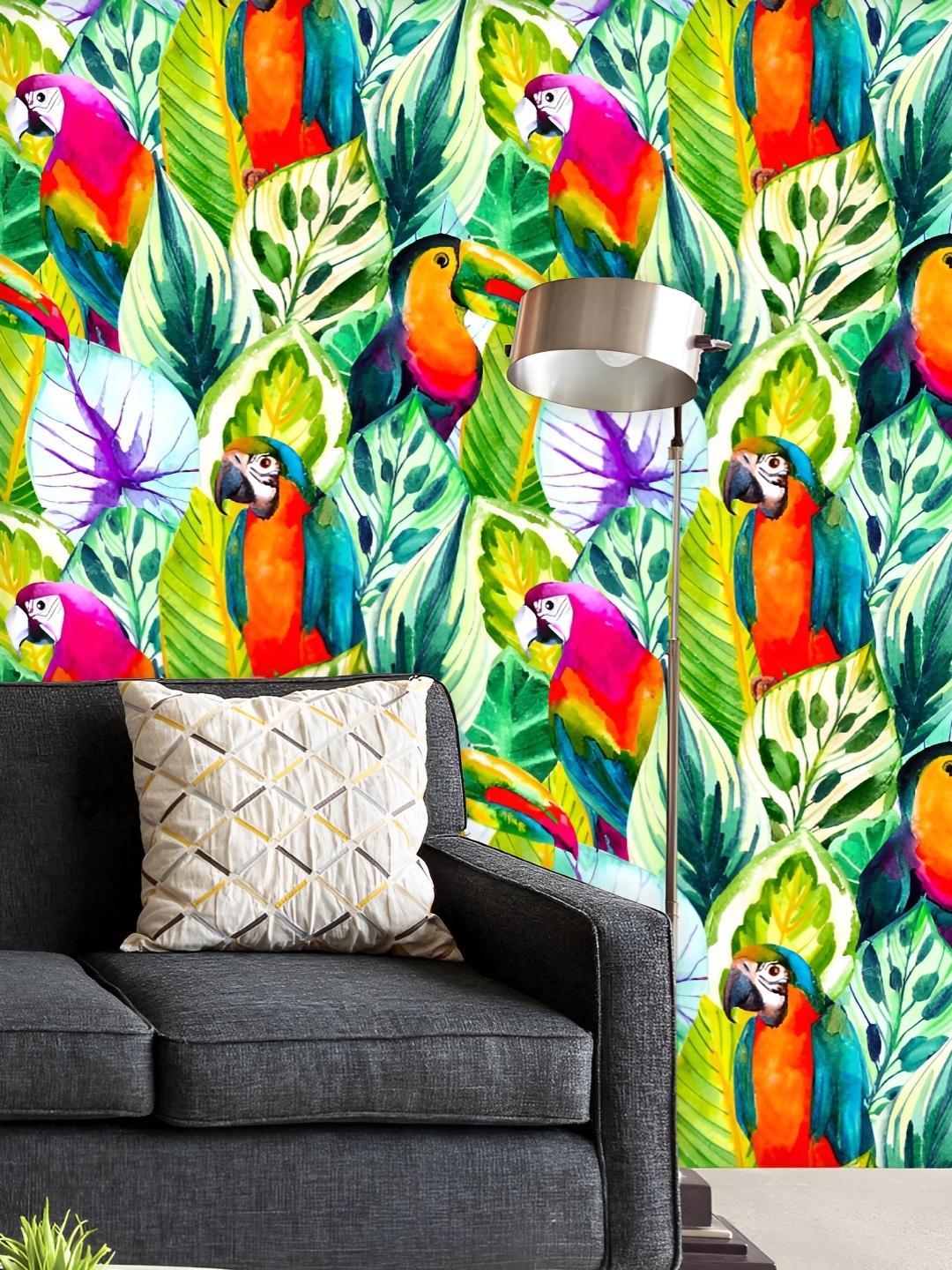 

ArtzFolio Printed UV-Resistant Anti-Bacterial Watercolor Parrots On Tropical Leaves Peel & Stick Wallpaper, Multi