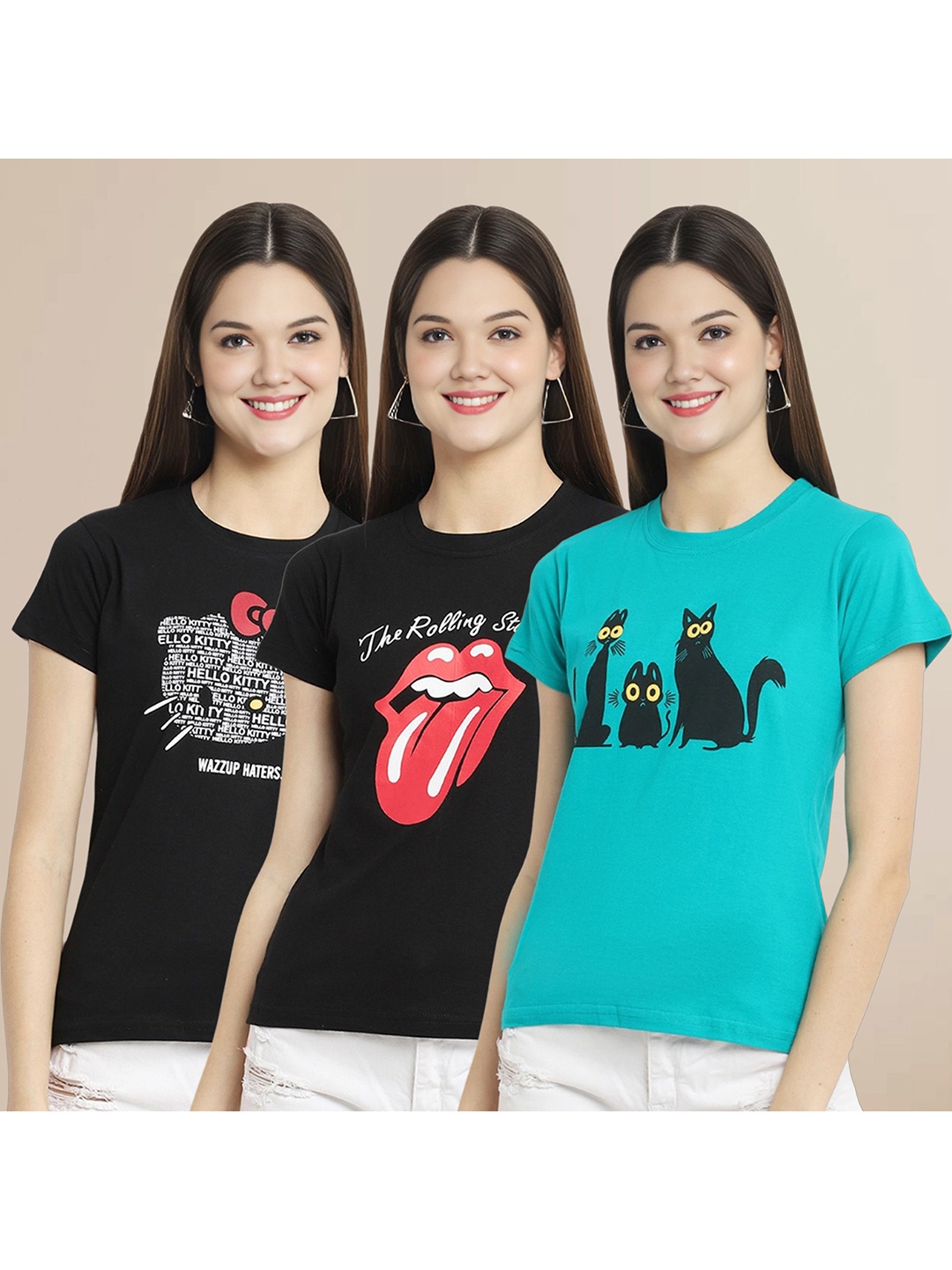 

Metronaut Women Pack Of 3 Typography Printed Round Neck Cotton T-shirts, Olive