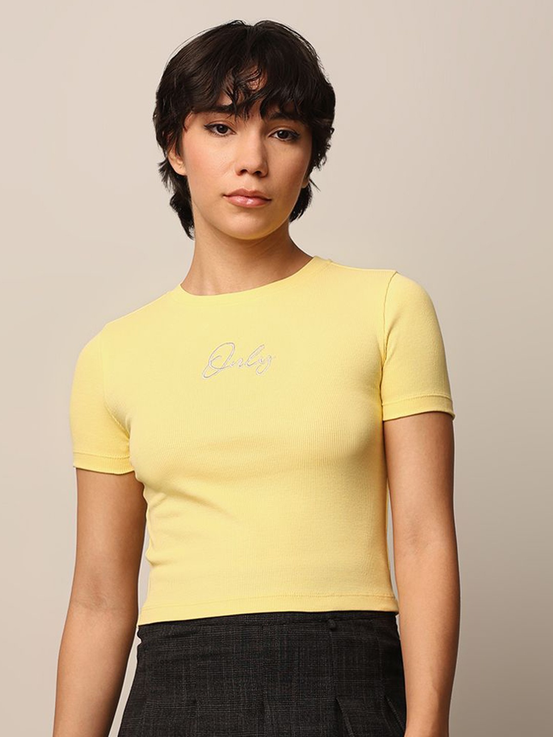 

ONLY Women Brand Logo Applique Slim Fit T-shirt, Yellow