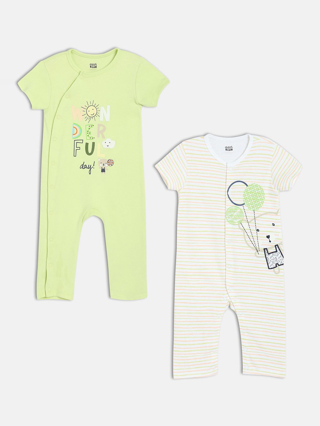 

MINI KLUB Infant Boys Pack Of 2 Printed Pure Cotton Rompers, Green