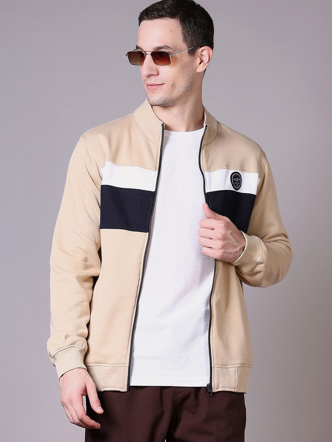 

V-Mart Men Colourblocked Mock Collar Sweatshirt, Beige
