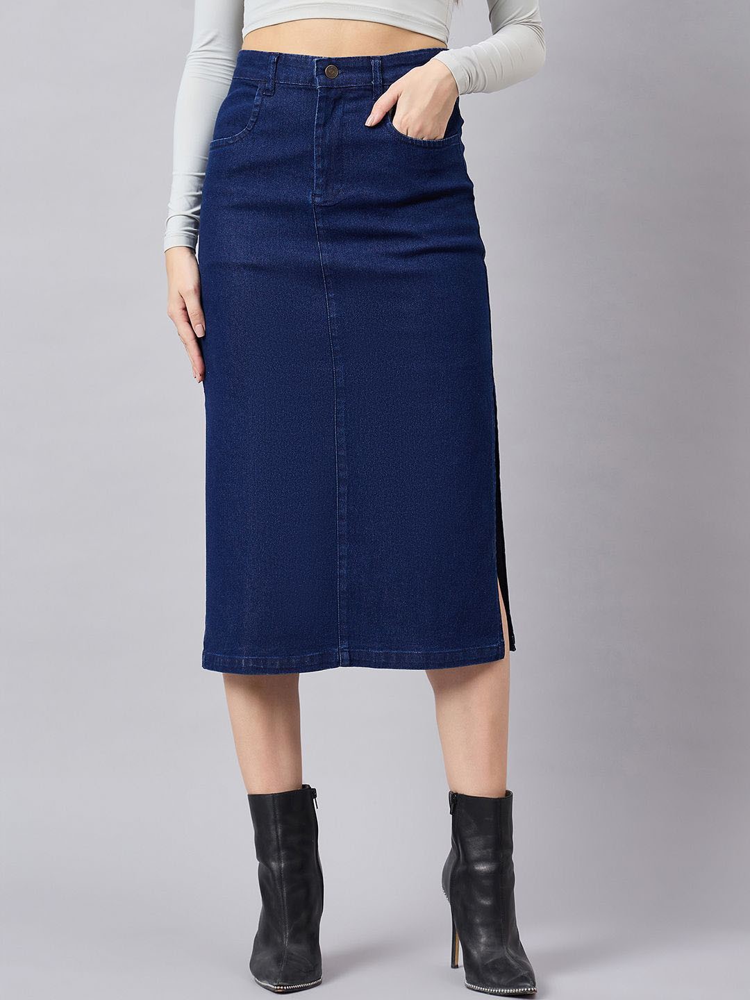 

Orchid Blues Women Denim Straight Midi Skirt, Navy blue