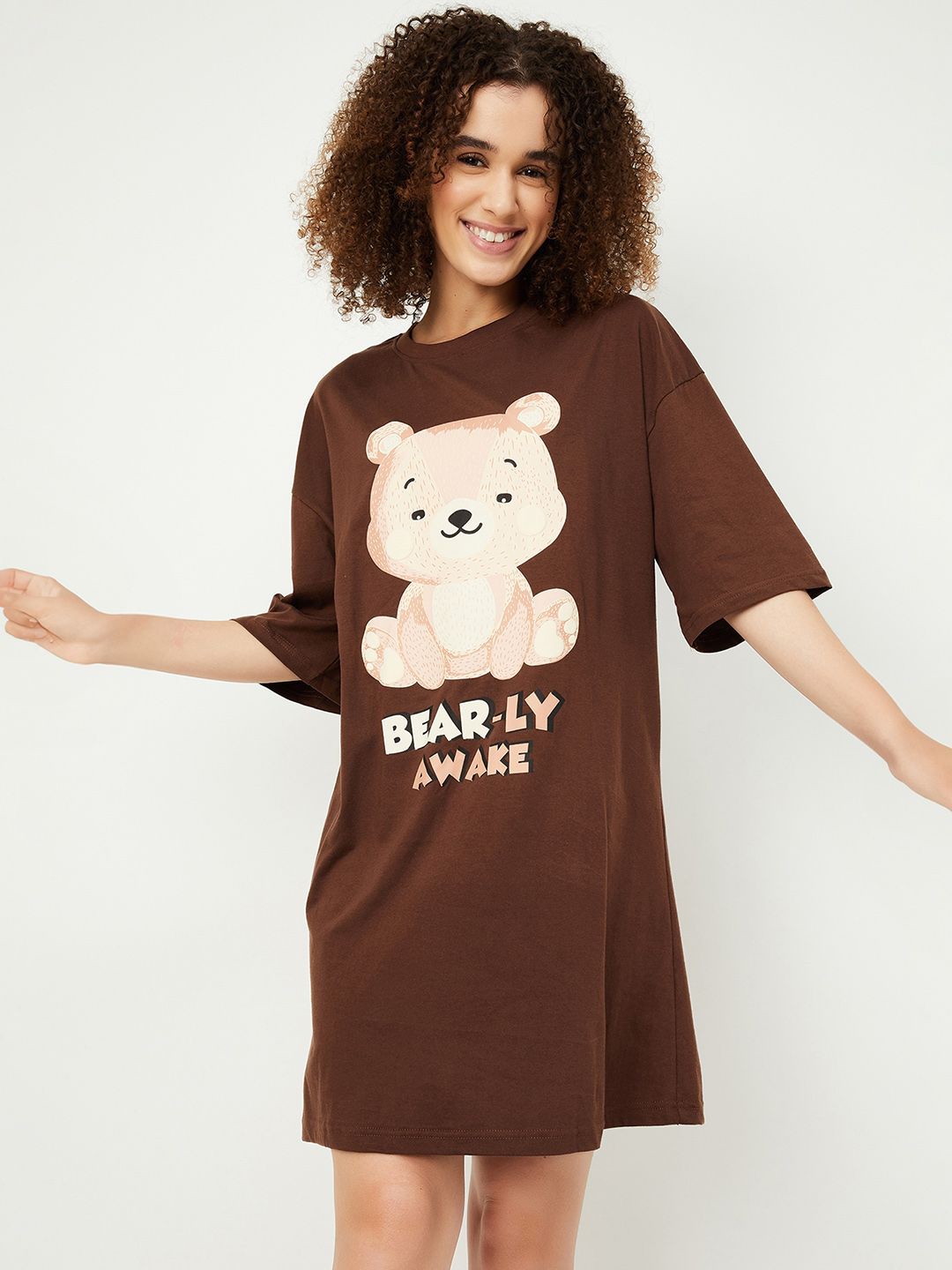 

max Women Printed Round Neck Pure Cotton Nightdress, Brown