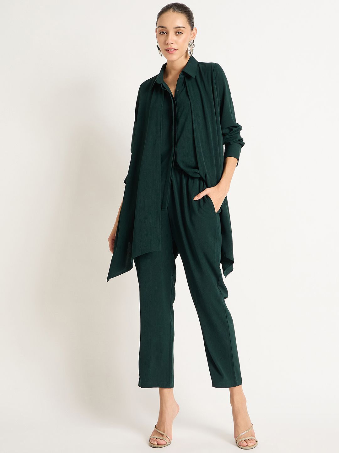 

FEMMELLA Shirt Collar Top With Trousers, Green