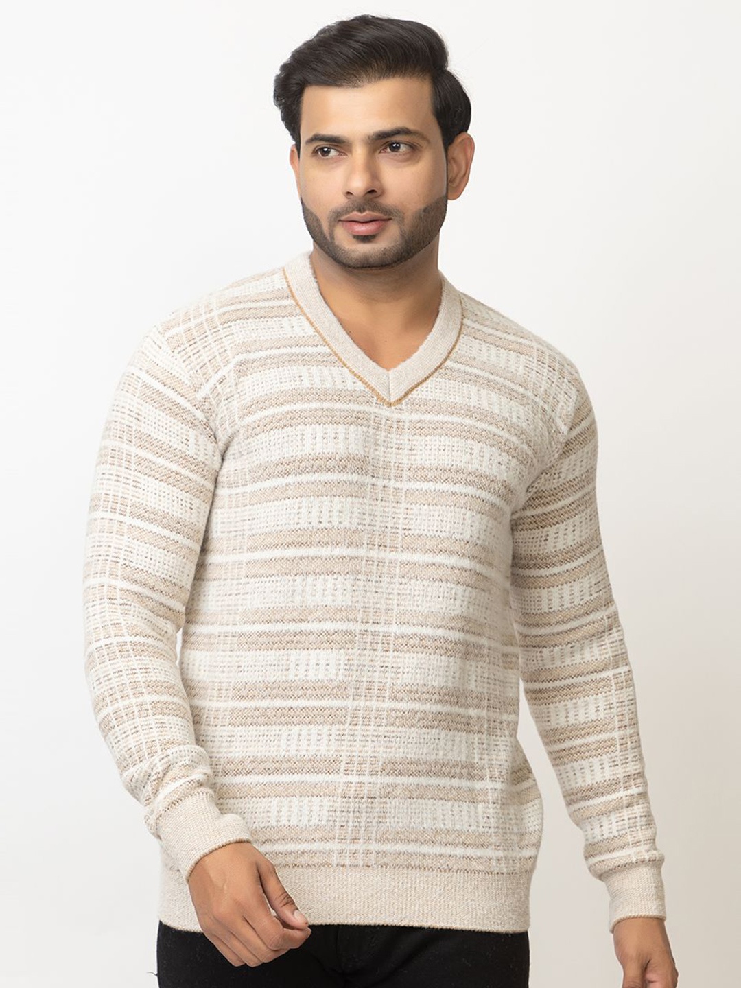 

LO G LO Men V-Neck Striped Pullover, Peach
