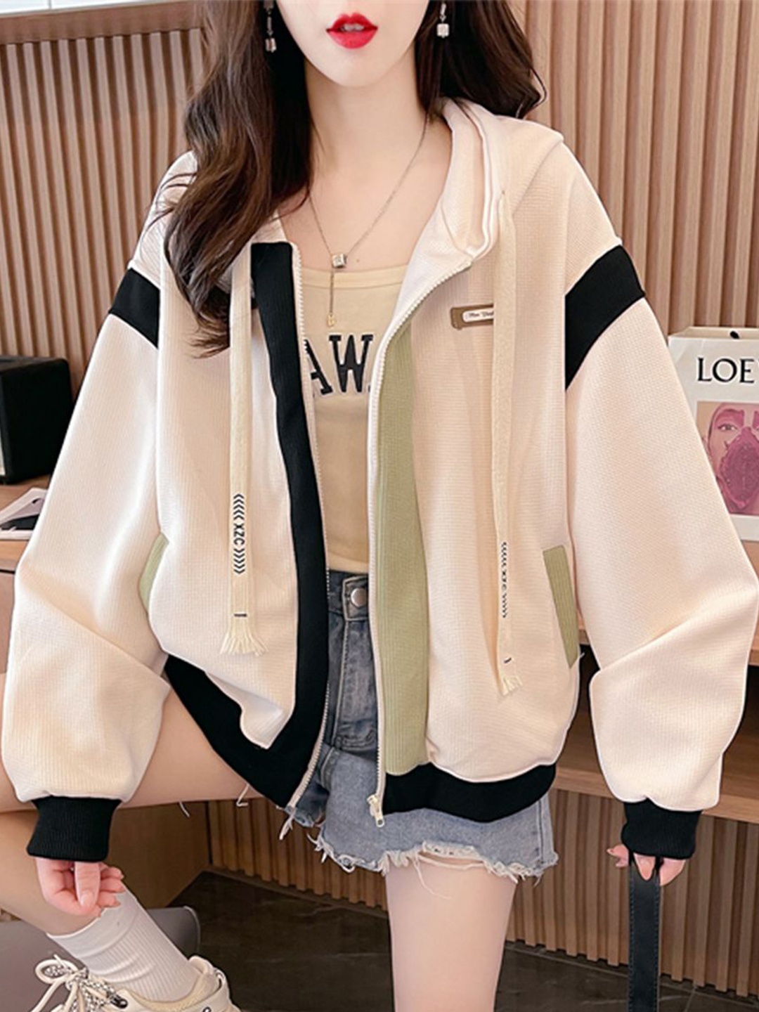

JC Mode Women Striped Hooded Front-Open Sweatshirt, Beige