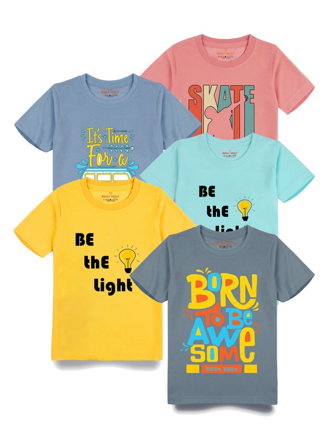 

Kiddy Viddy Boys Pack Of 5 Typography Printed Round Neck Cotton T-shirts, Yellow