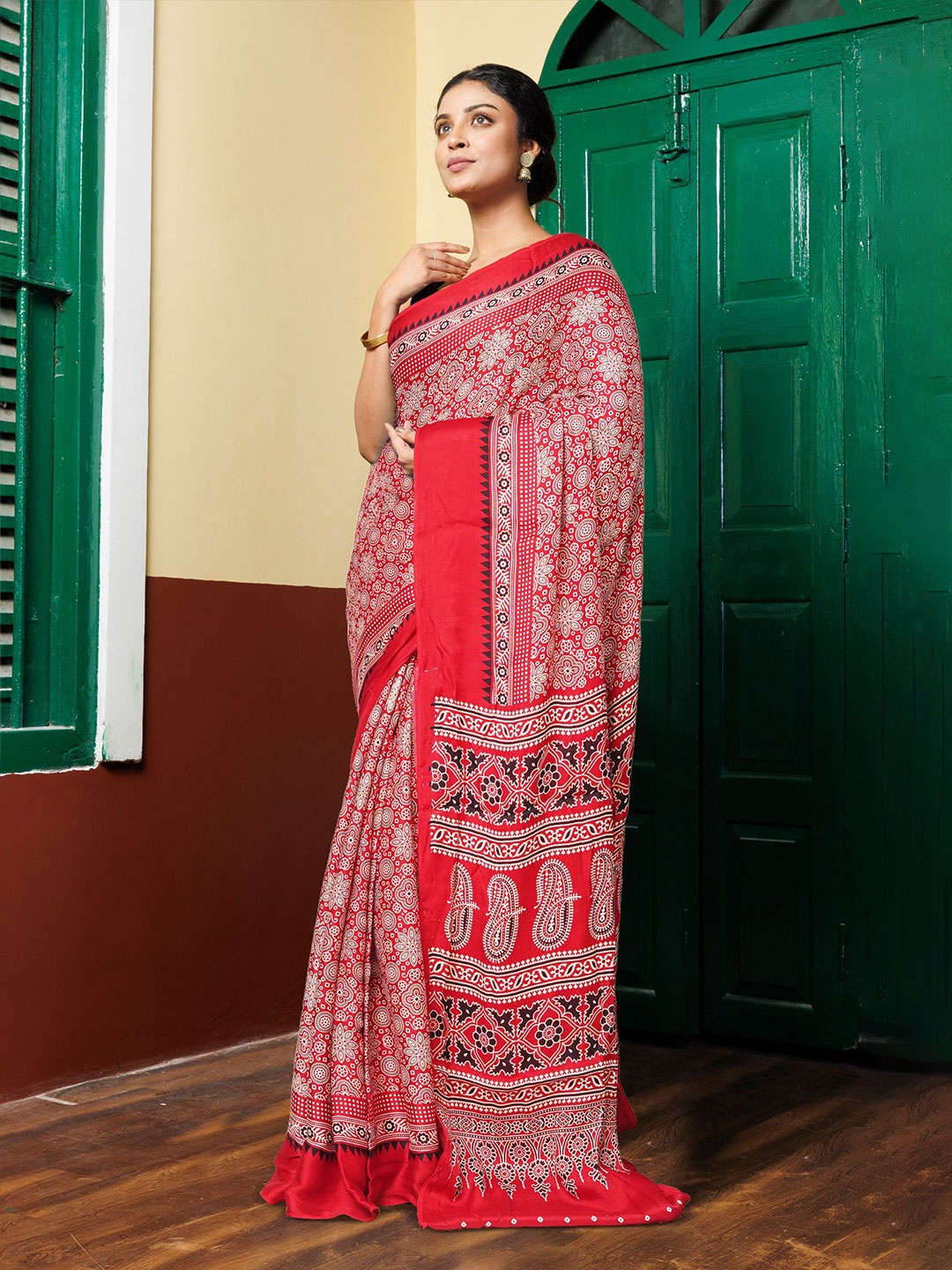 

Unnati Silks Ajrak Printed Pure Silk Block Print Saree, Red