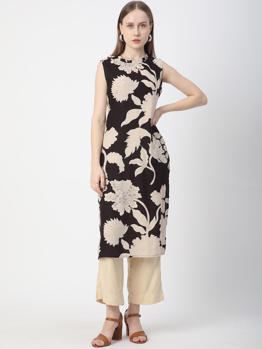 

R&B Floral Printed Straight Kurta, Black