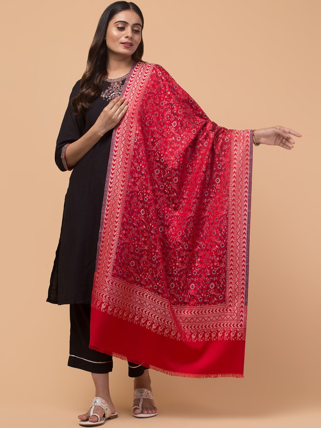 

Tweedle Floral Woven Design Acrylic Shawl, Red