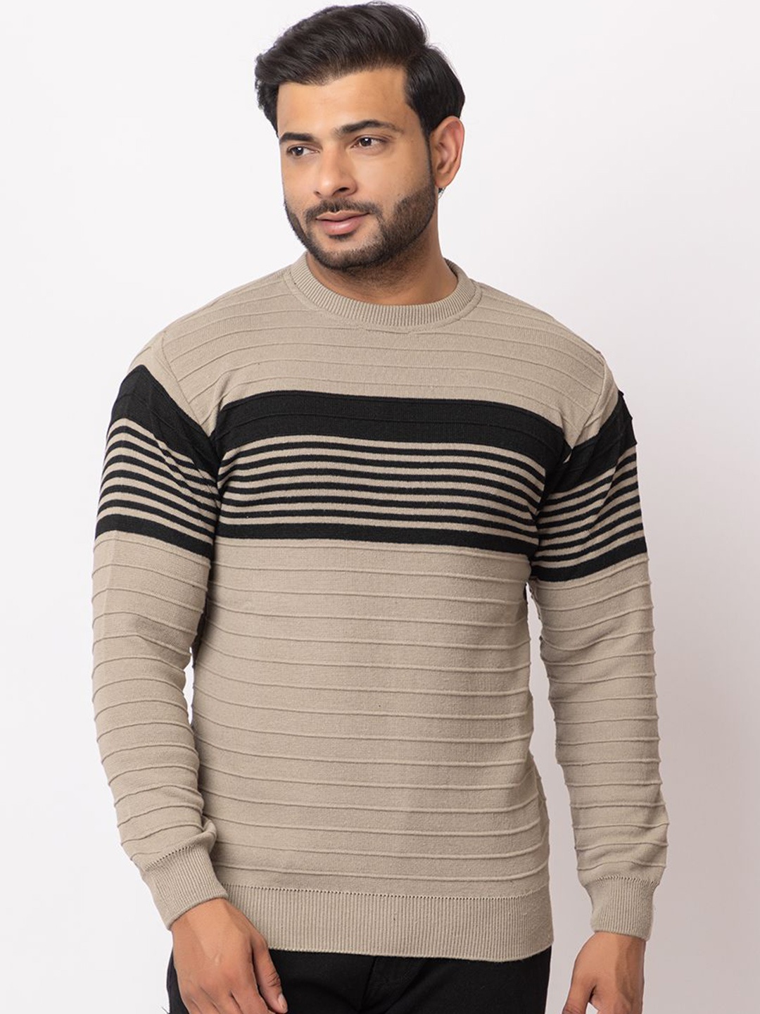 

LO G LO Men Striped Round Neck Long Sleeves Pullover, Brown