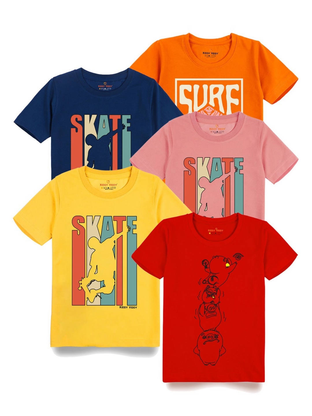 

Kiddy Viddy Boys Pack Of 5 Typography Printed Round Neck Cotton T-shirts, Yellow