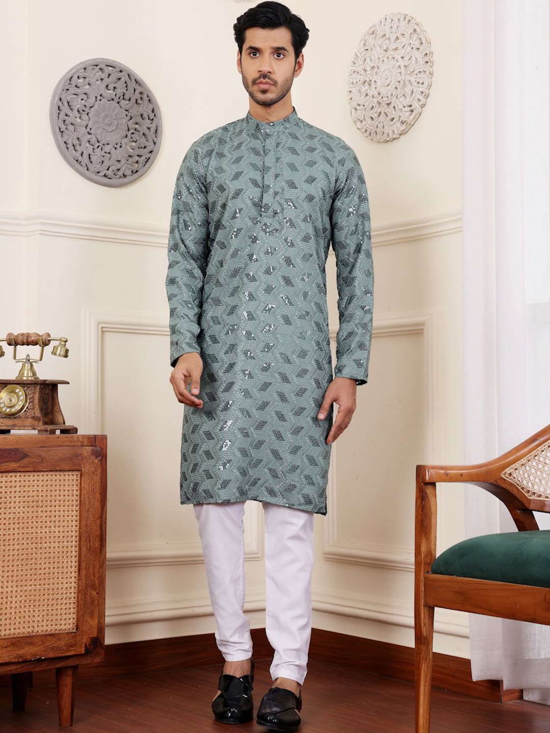 

Rawayi Geometric Printed Regular Cotton Straight Kurta, Green