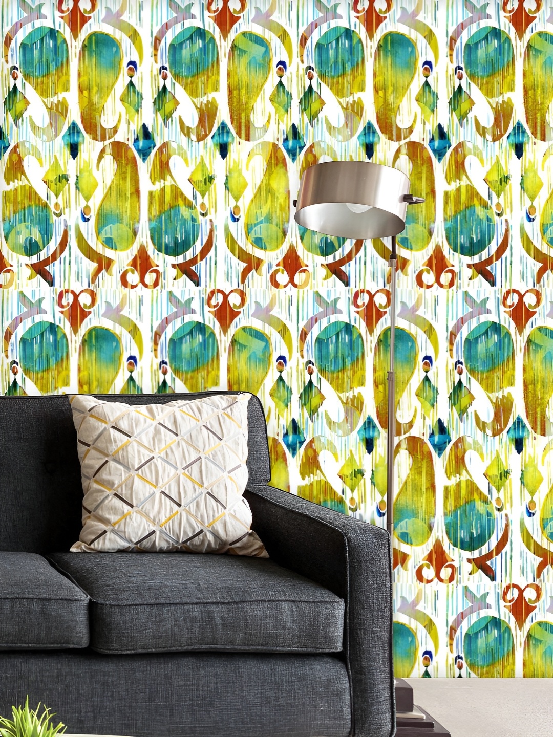 

ArtzFolio Printed UV-Resistant Anti-Bacterial Ikat Peacock Feather Peel & Stick Wallpaper, Multi