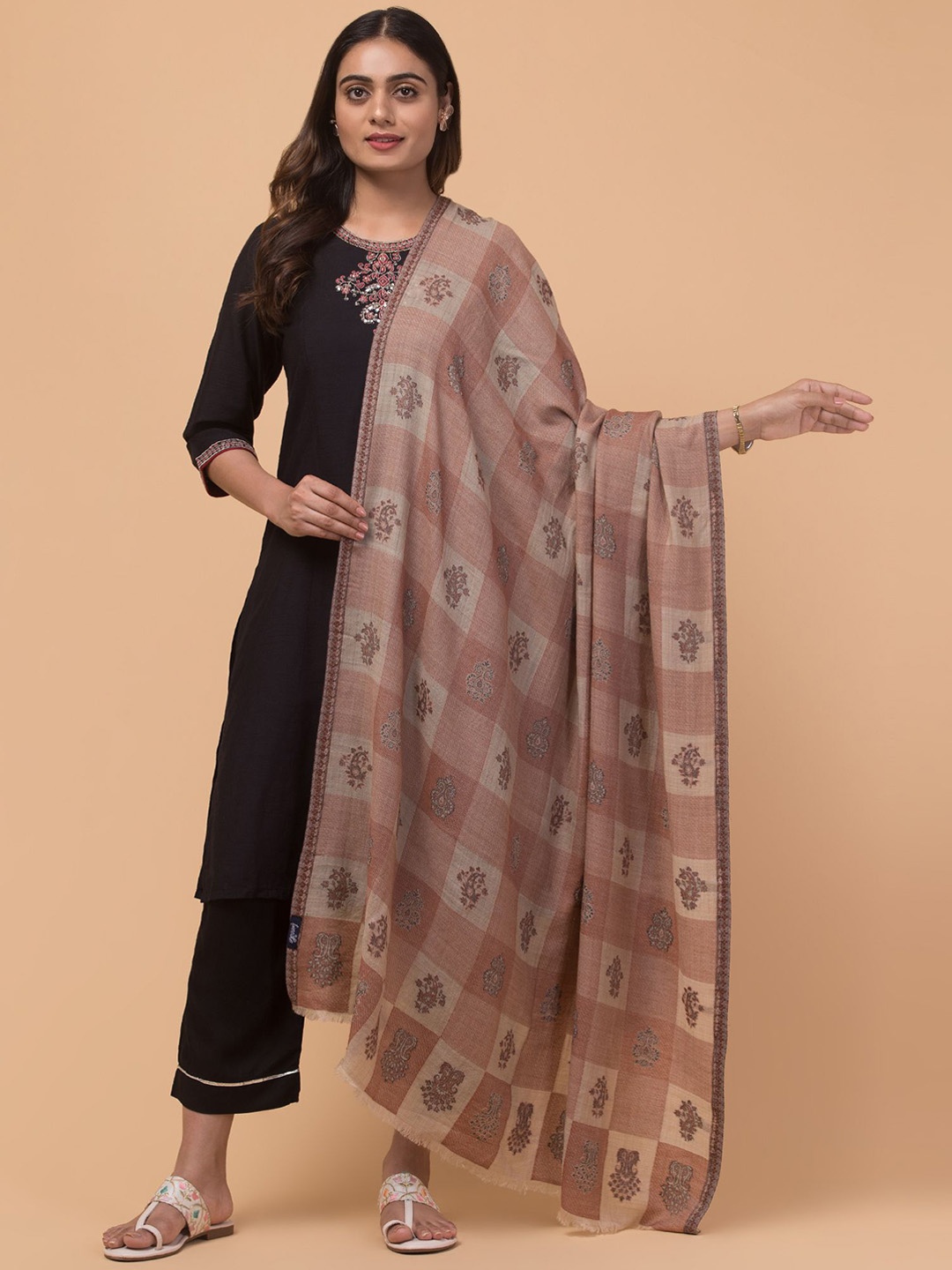 

Tweedle Checked Woven Design Woollen Kani Shawl, Beige