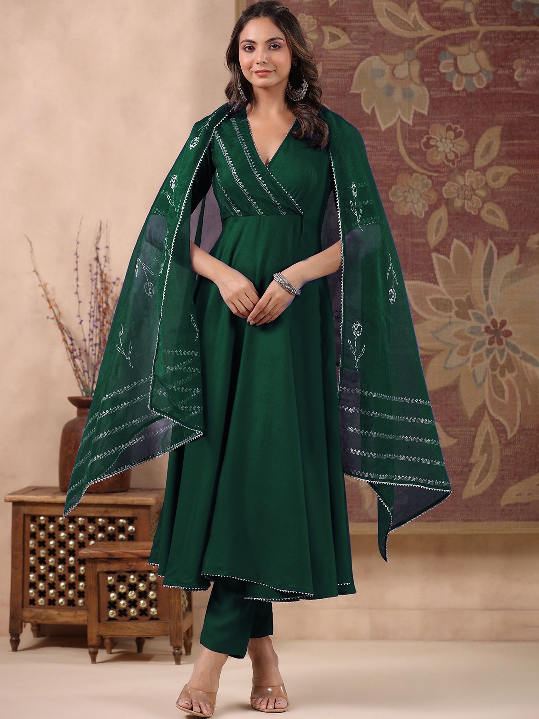 

GoSriKi V-Neck Anarkali Kurta With Trousers & Dupatta, Green