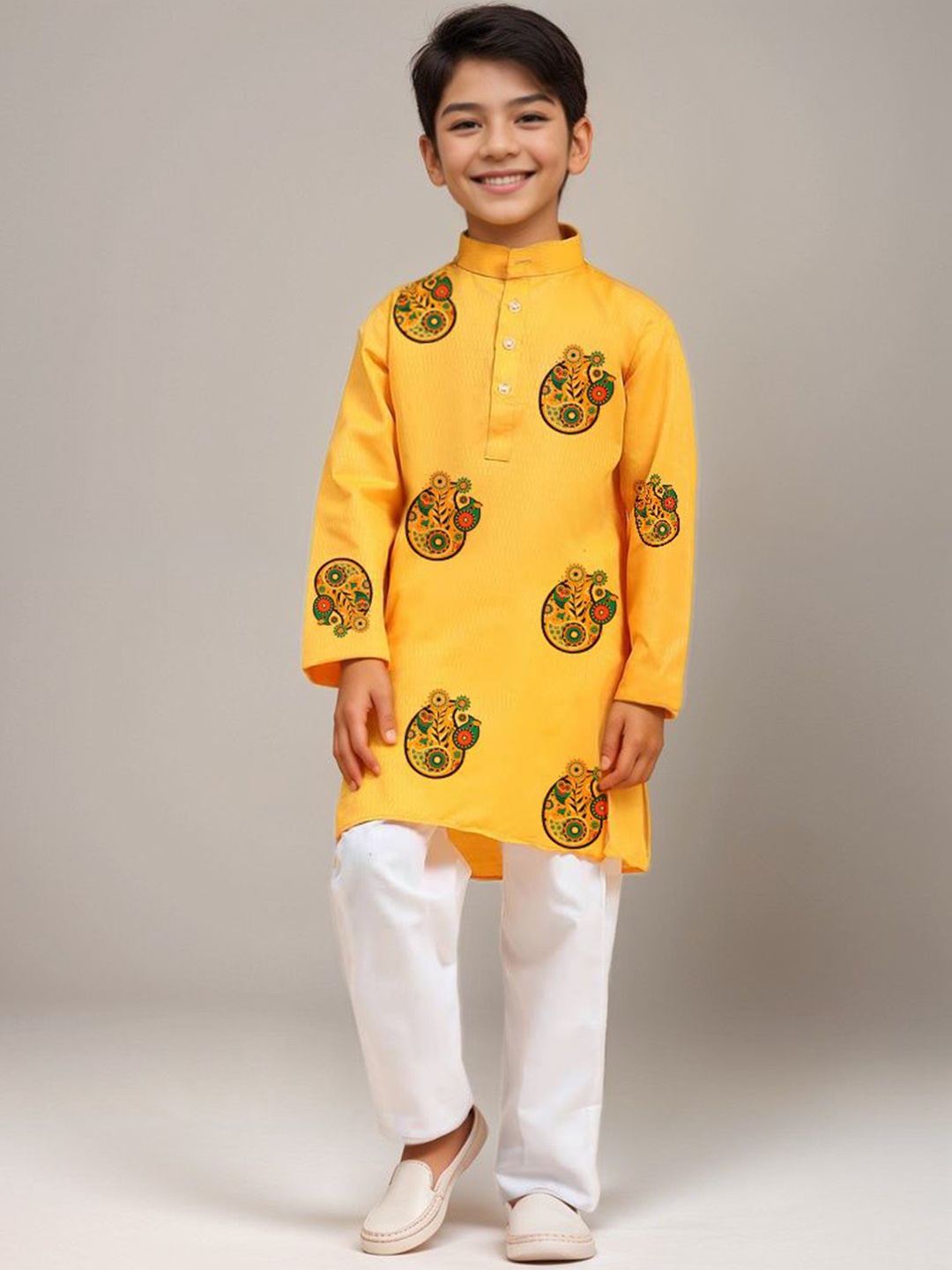 

DEVOILER Boys Ethnic Motifs Printed Mandarin Collar Cotton Straight Kurta, Yellow