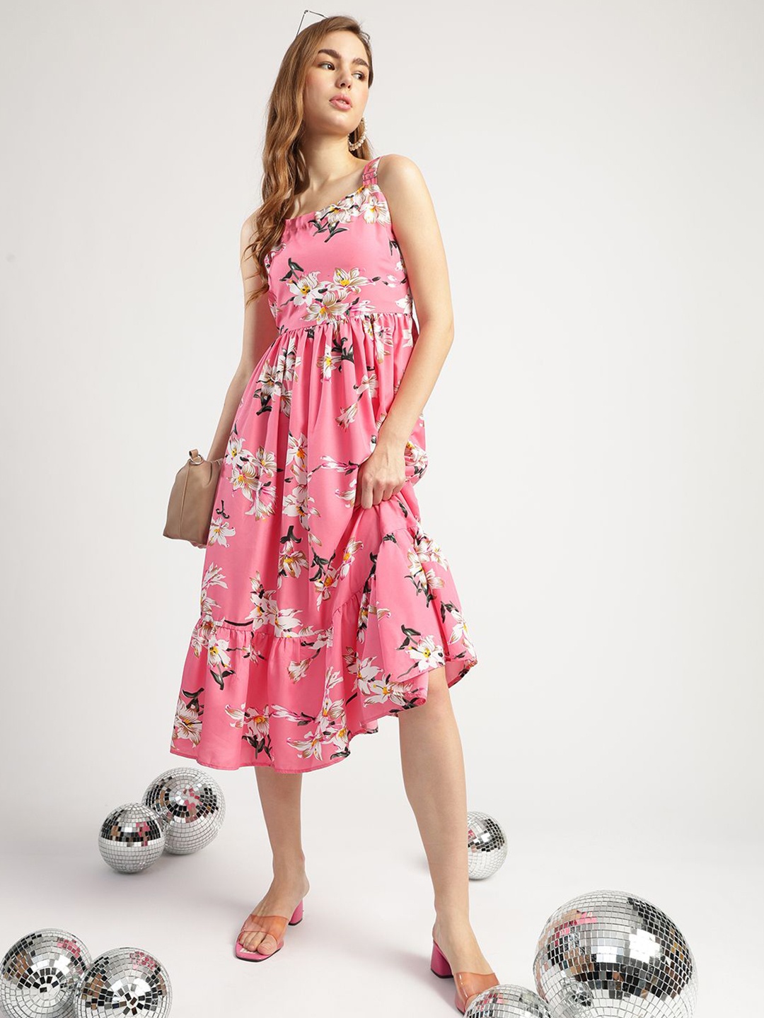 

T TRYON ULTIMATE Women Floral Printed Fit and Flare Midi Dress, Pink