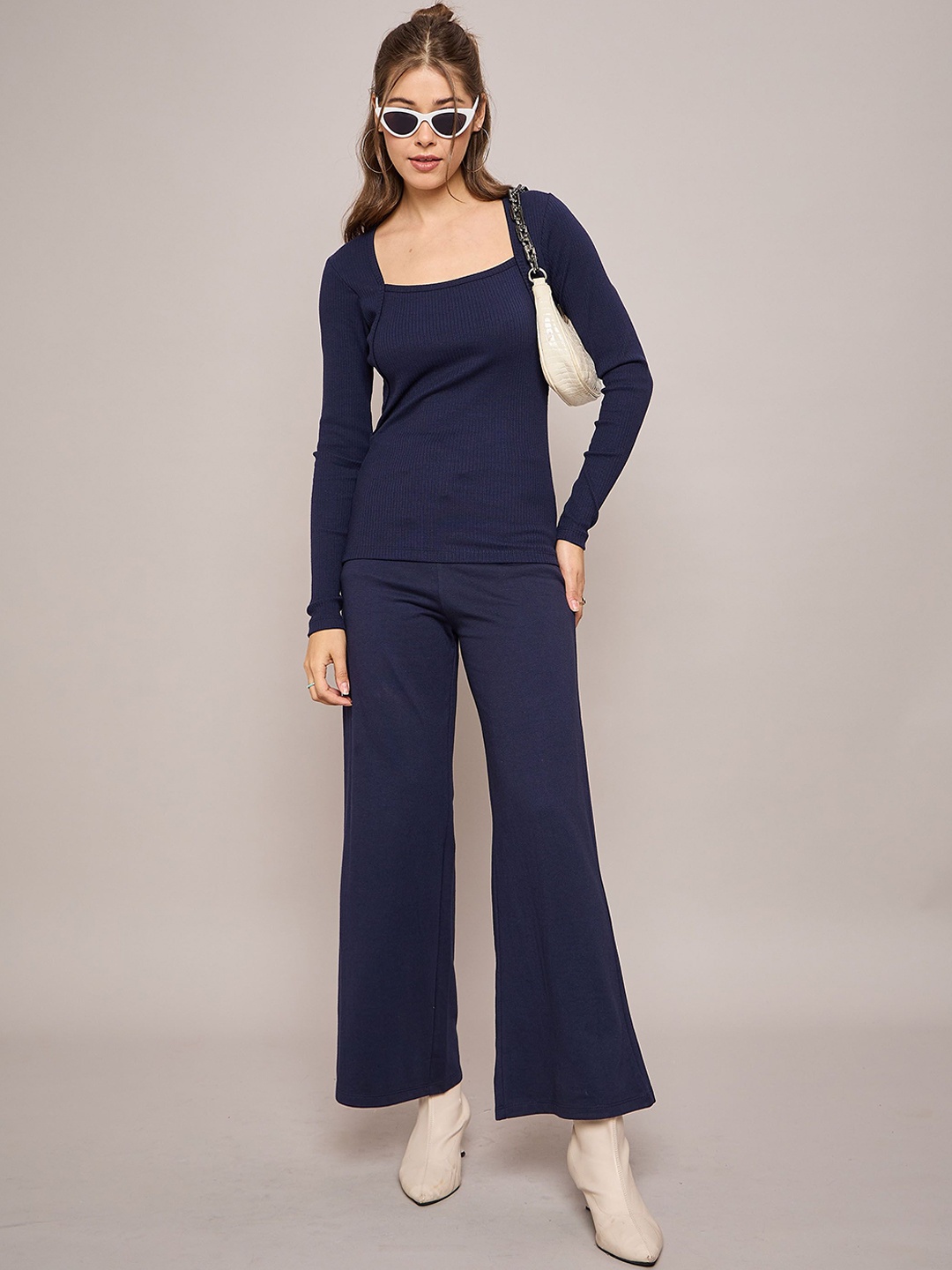 

SASSAFRAS BASICS Square Neck Self Design Top With Trousers, Navy blue