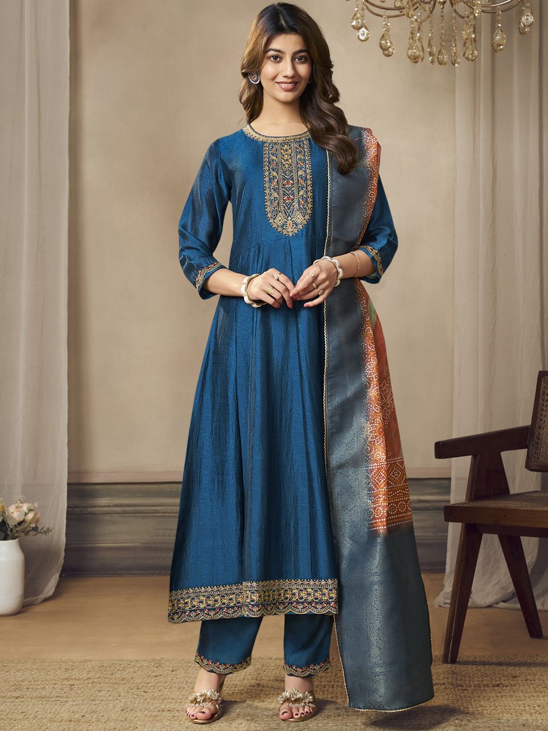 

all about you Blue Floral Embroidered Round Neck Anarkali Kurta With Trousers & Dupatta