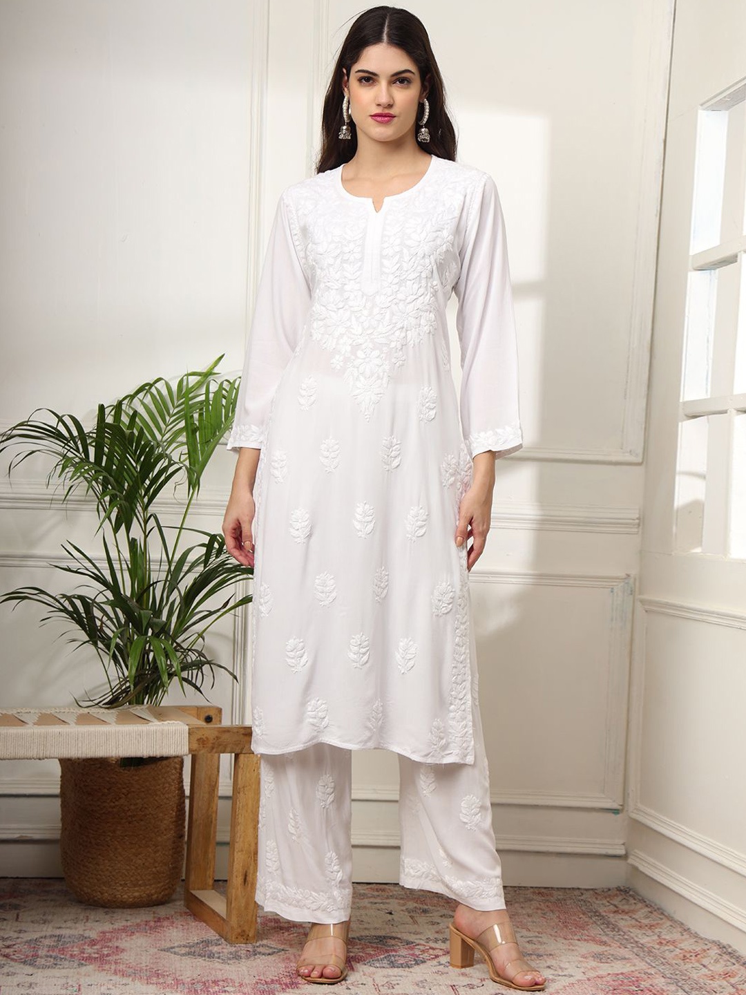 

The Chikan Label Floral Embroidered Chikankari Straight Kurta with Palazzos, White