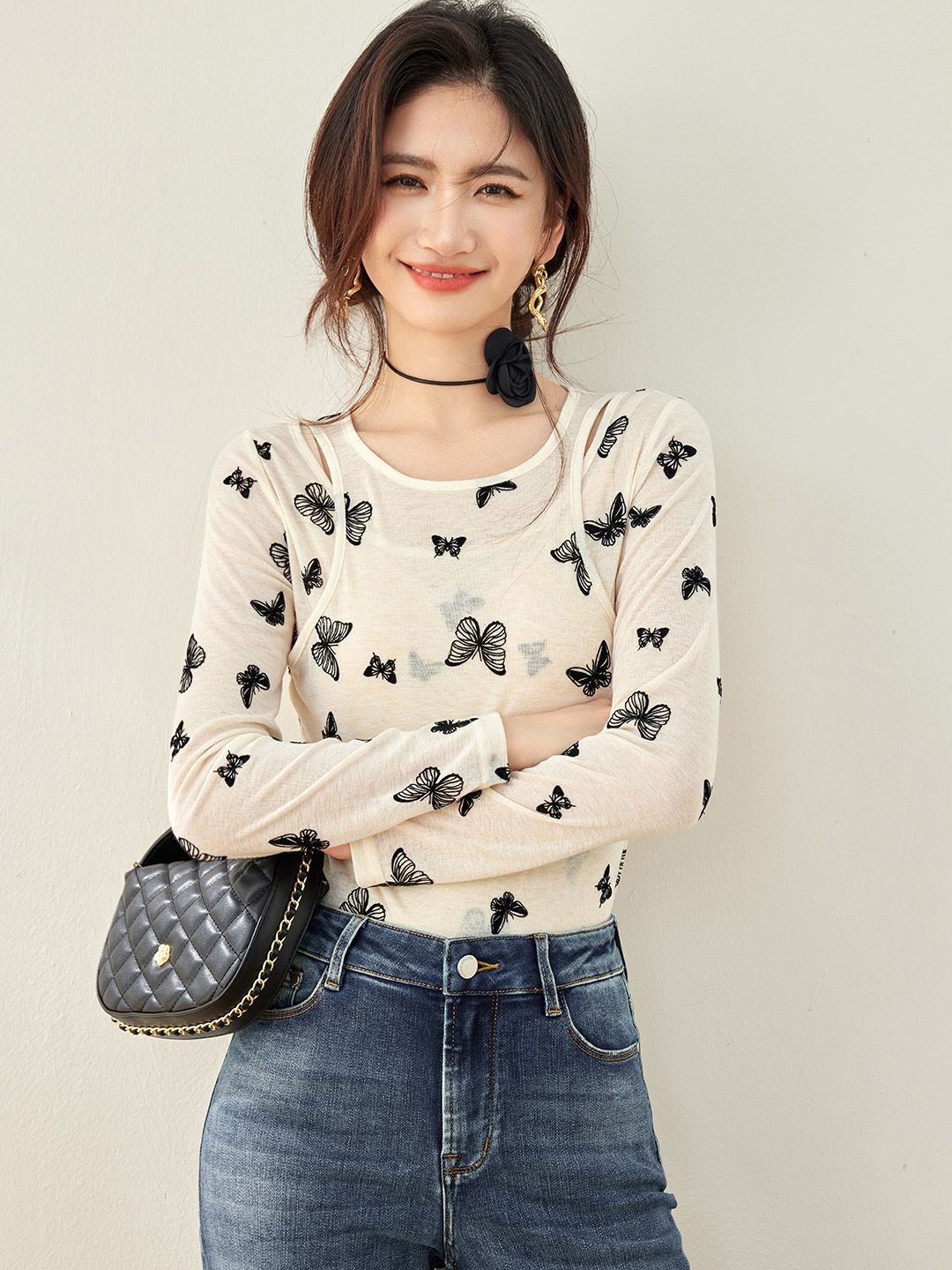 

JC Collection Women Graphic Printed Round Neck Long Sleeves Pullover, Beige