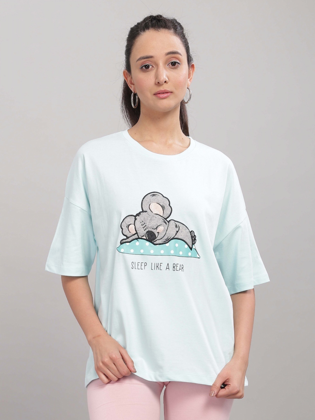 

HEYLAY Women Printed Drop-Shoulder Sleeves Pure Cotton T-shirt, White
