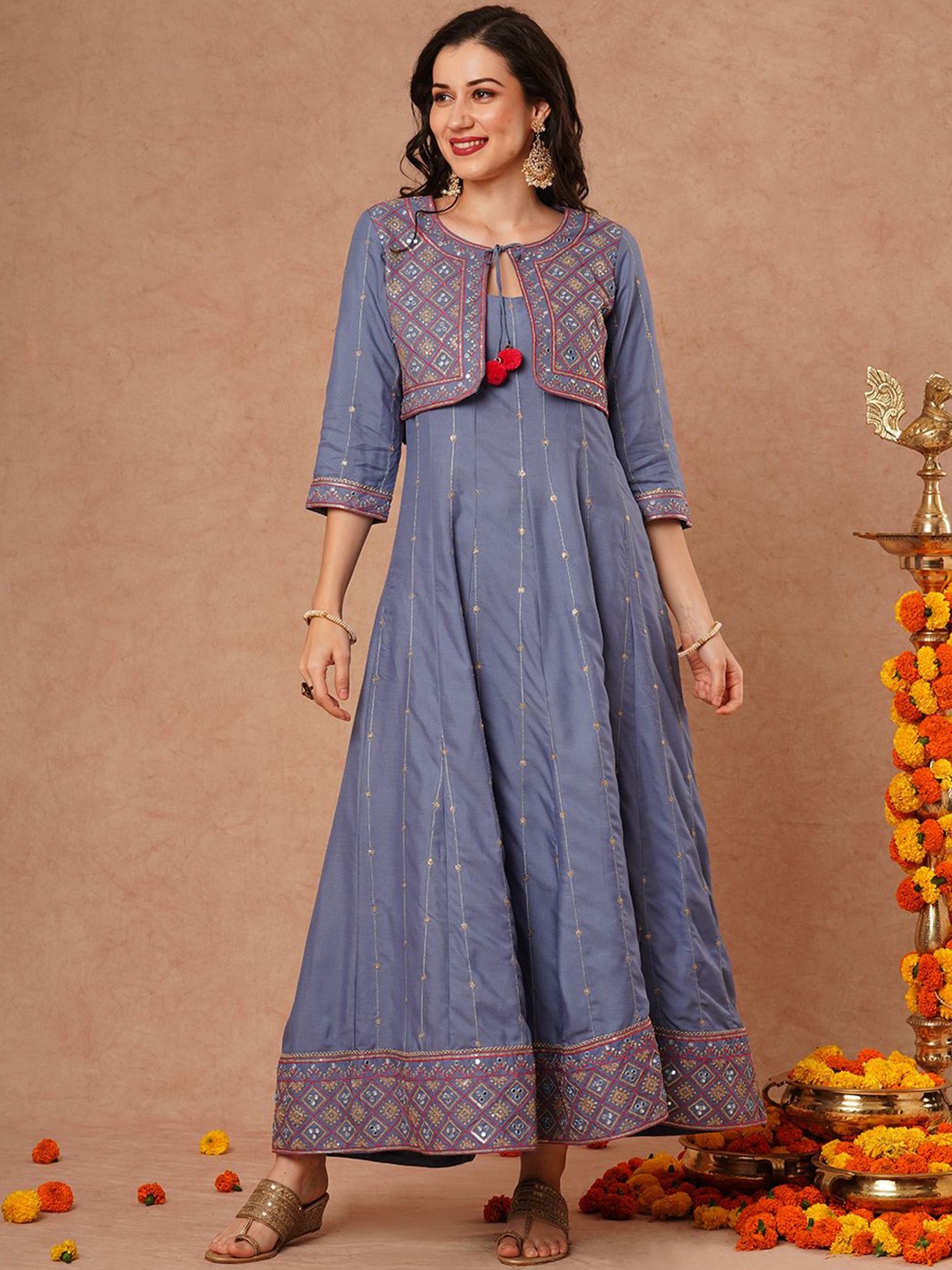 

FASHOR Ethnic Motifs Embroidered Panelled Mirror Work A-Line Kurta With Trousers & Jacket, Blue