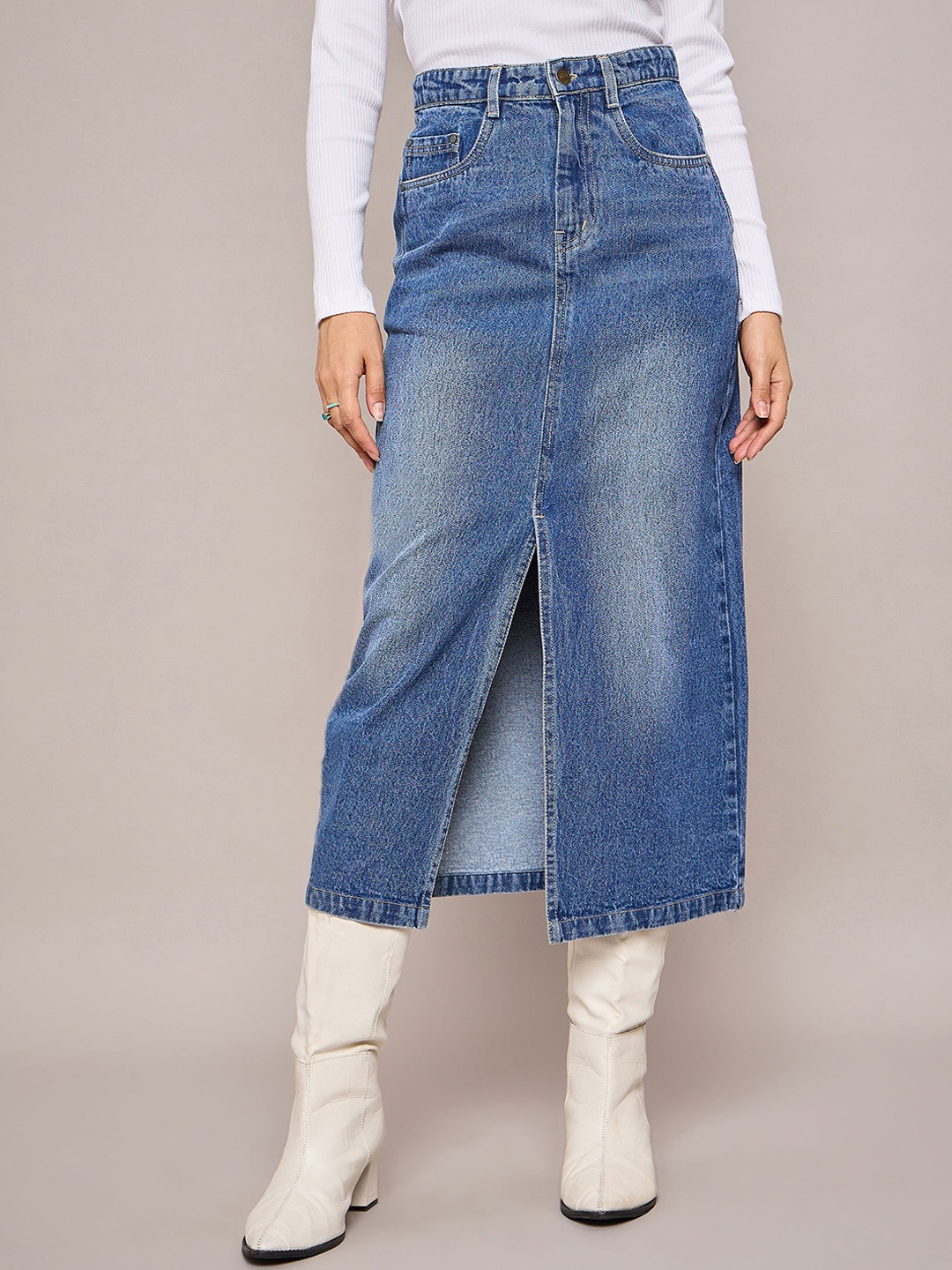 

SASSAFRAS BASICS Women Denim Front Slit Pencil Midi Skirt, Blue
