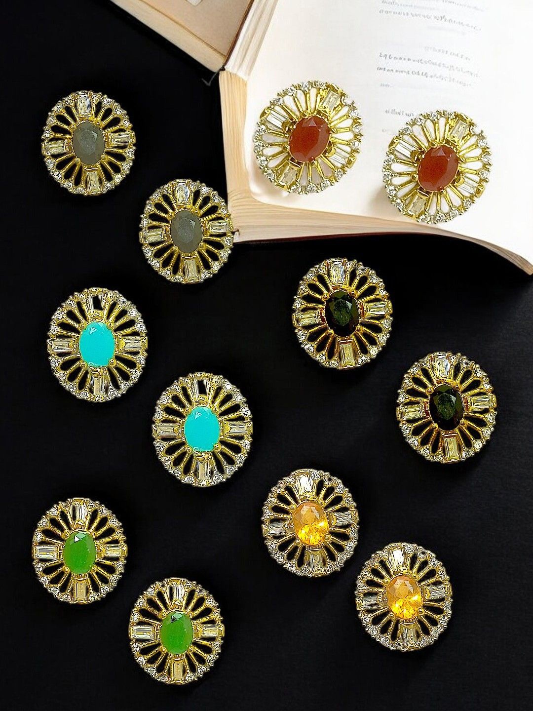 

9blings Set Of 6 Gold-Plated Stone-Studded Studs Earrings