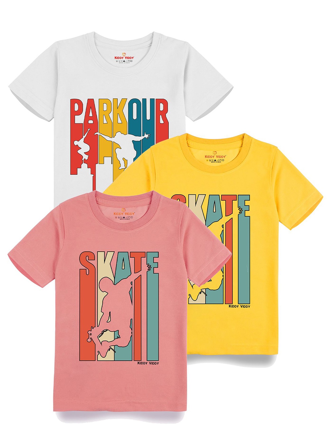 

Kiddy Viddy Boys Pack Of 3 Typography Printed Round Neck Cotton T-shirts, Yellow