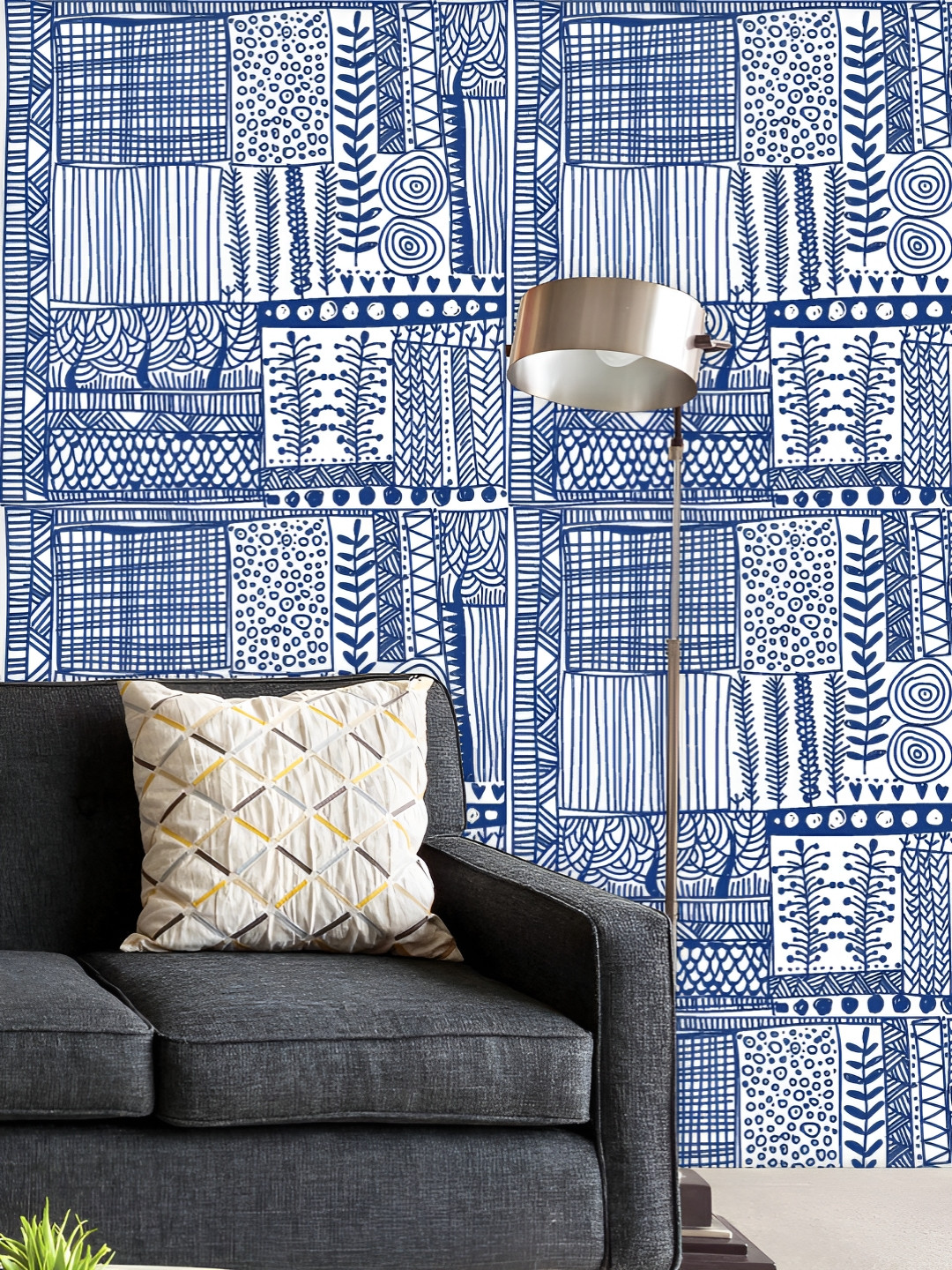 

ArtzFolio Printed UV-Resistant Anti-Bacterial Blue White Doodle Peel & Stick Wallpaper, Multi