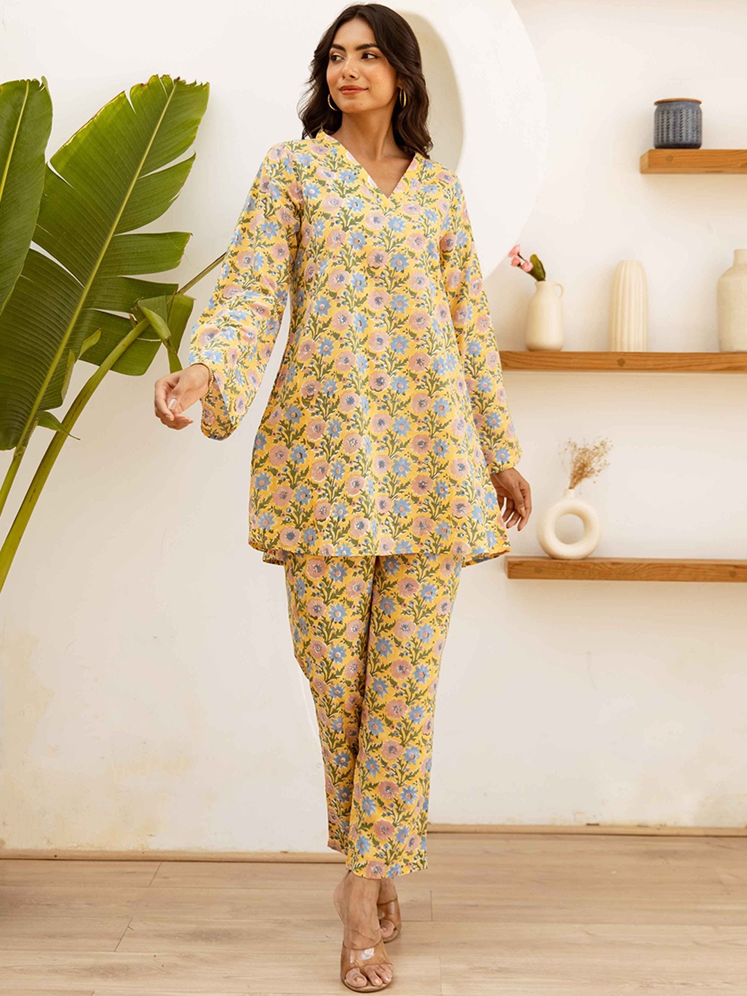 

HUKUM Floral Printed V-Neck Long Sleeves Pure Cotton Top With Trouser, Yellow