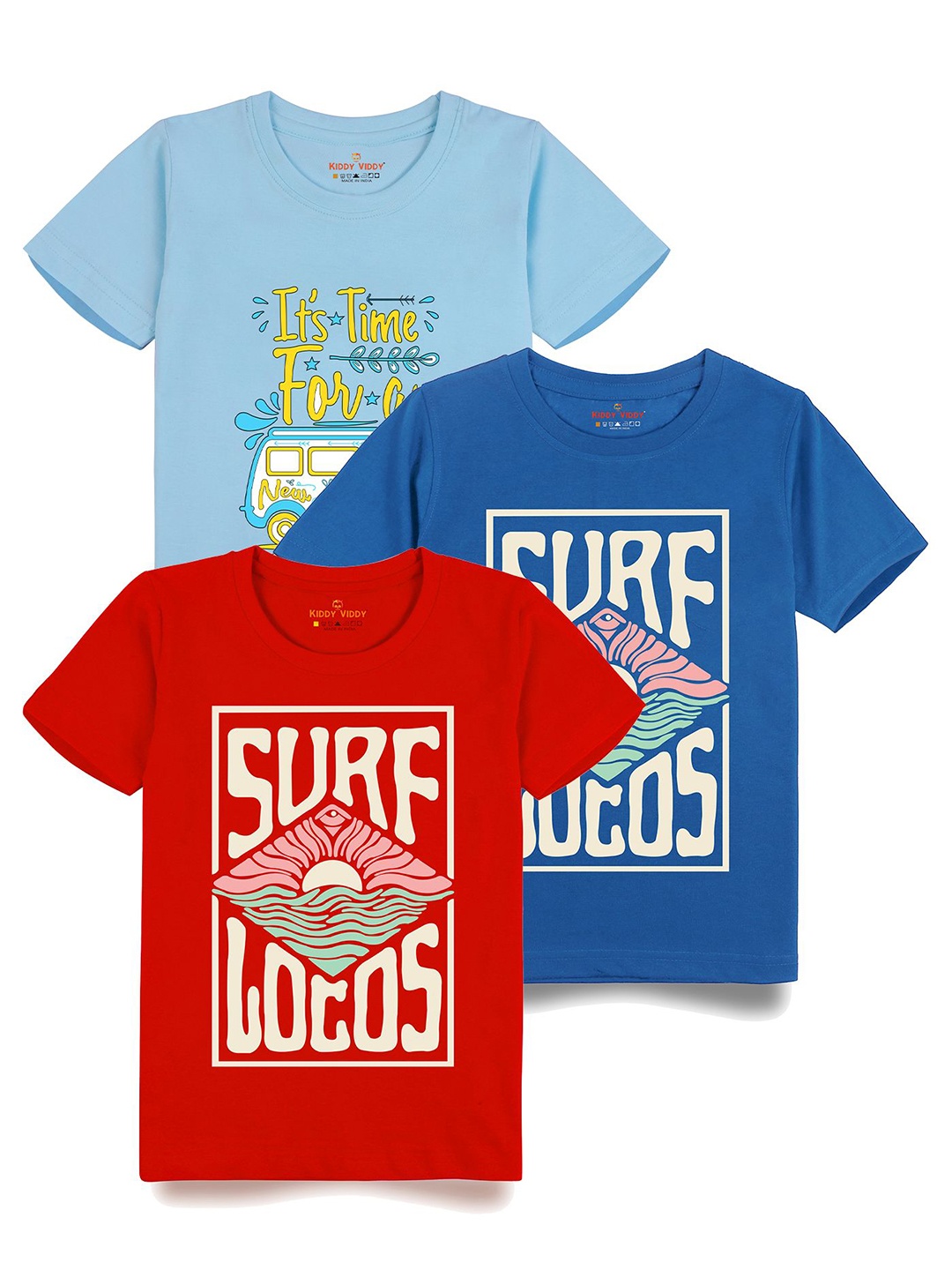 

Kiddy Viddy Boys Pack Of 3 Typography Printed Round Neck Cotton T-shirts, Blue