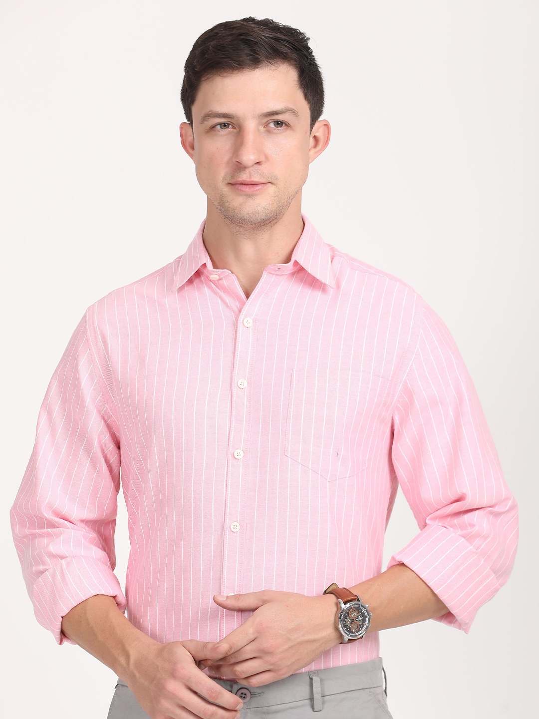 

Copperline Men Comfort Spread Collar Vertical Striped Cotton Formal Shirt, Pink