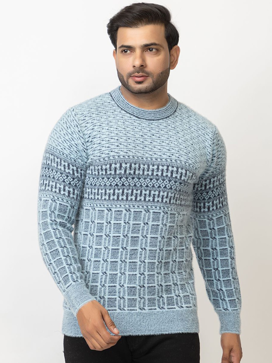

LO G LO Men Printed Round Neck Long Sleeves Pullover Sweater, Blue