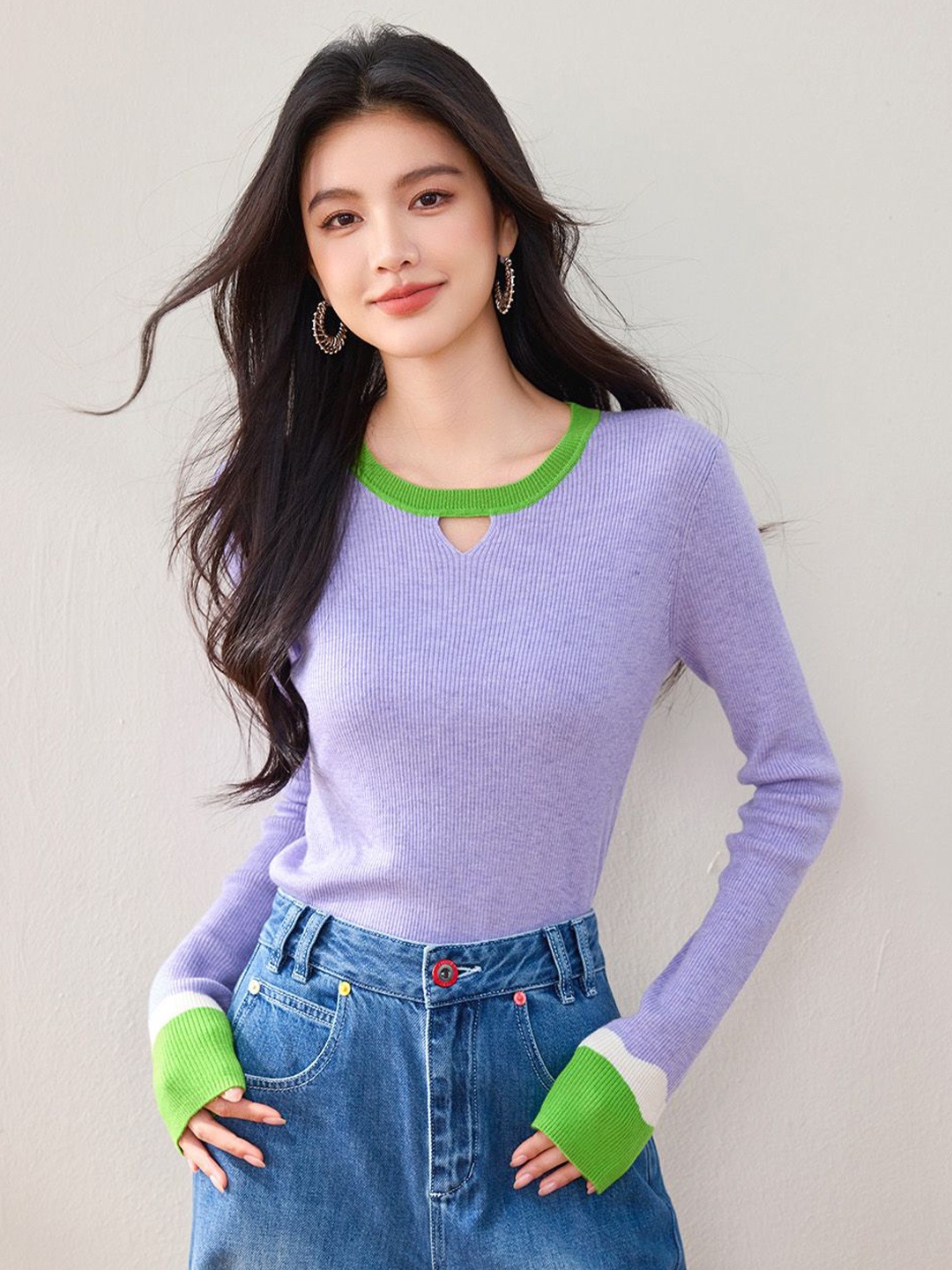 

JC Collection Women Round Neck Long Sleeves Pullover Sweater, Purple