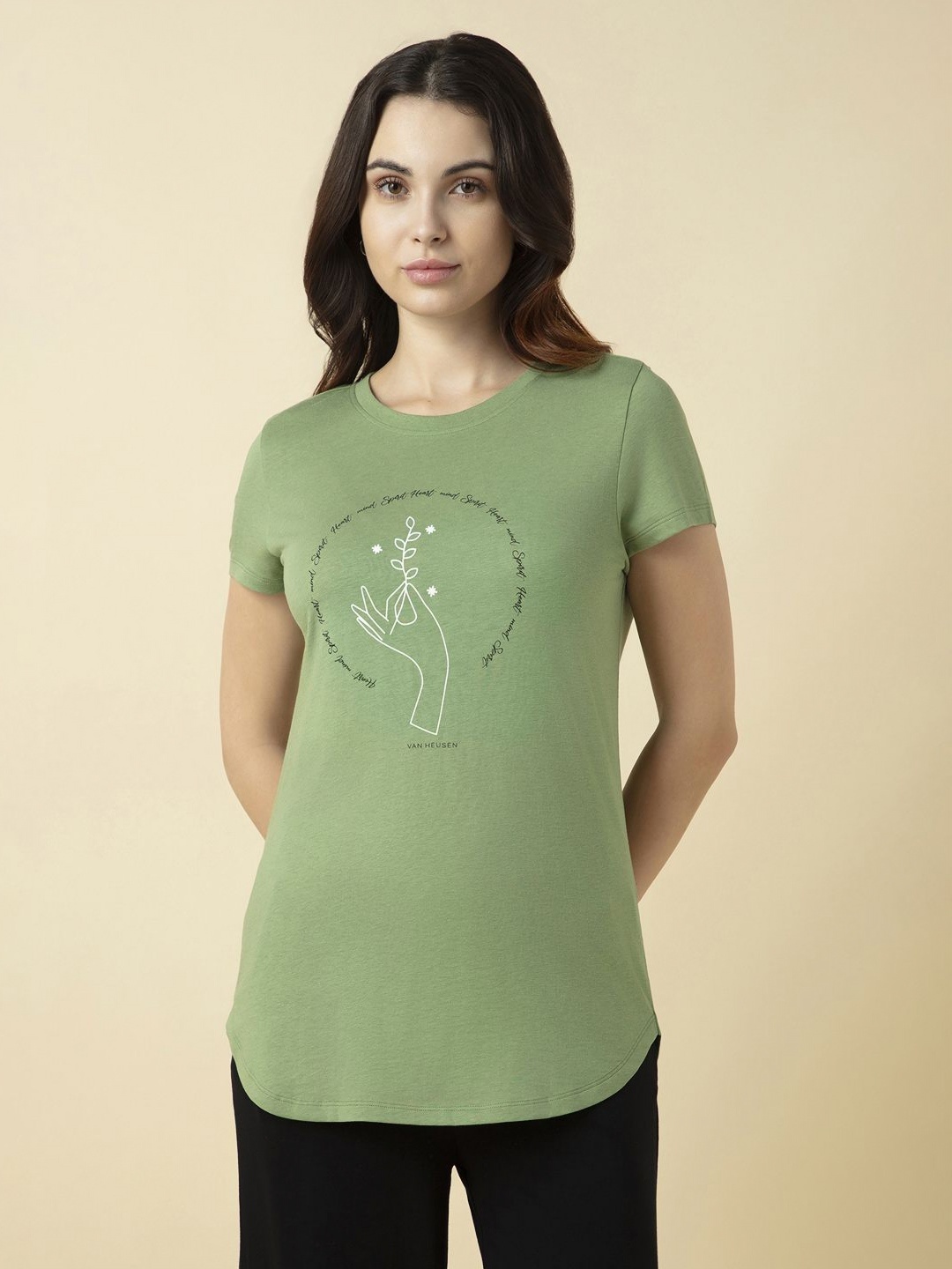 

Van Heusen Women Front Print Round Neck Short Sleeve Lounge T-Shirt, Green