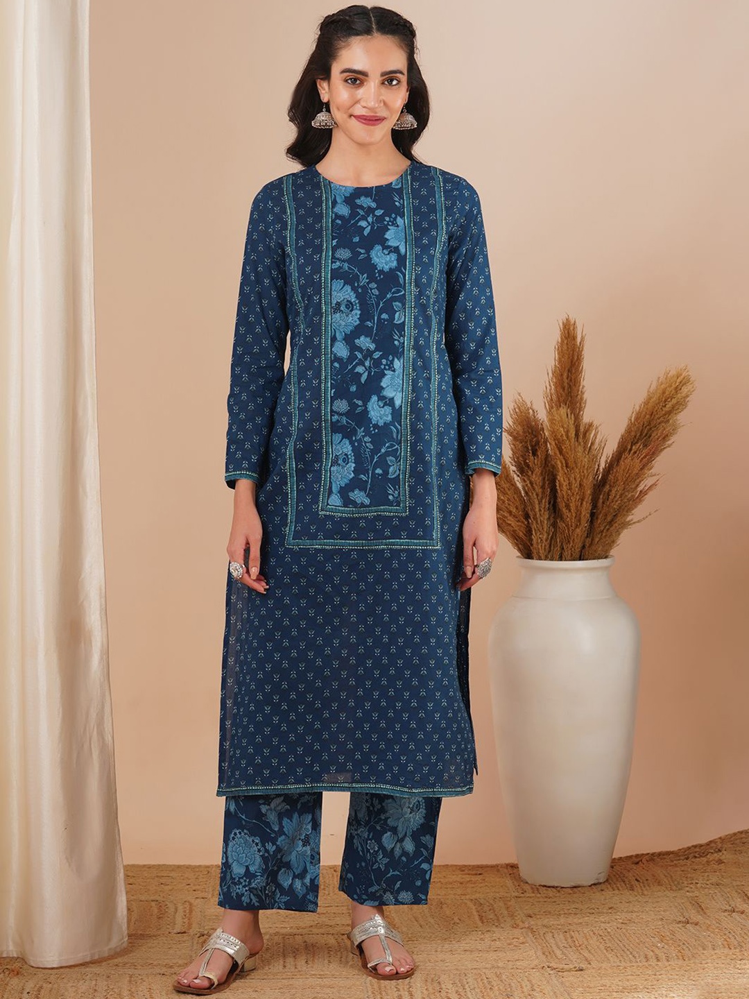 

FASHOR Ethnic Motifs Printed Pure Cotton Straight Kurta With Trousers, Blue