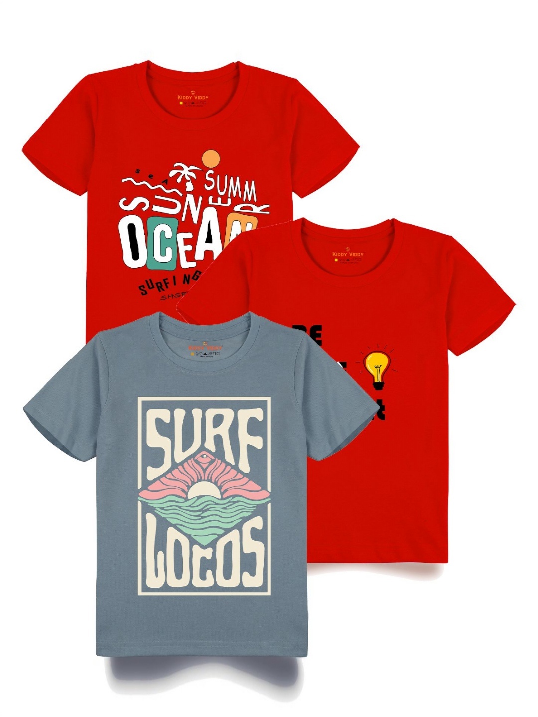 

Kiddy Viddy Boys Pack Of 3 Typography Printed Round Neck Cotton T-shirts, Grey