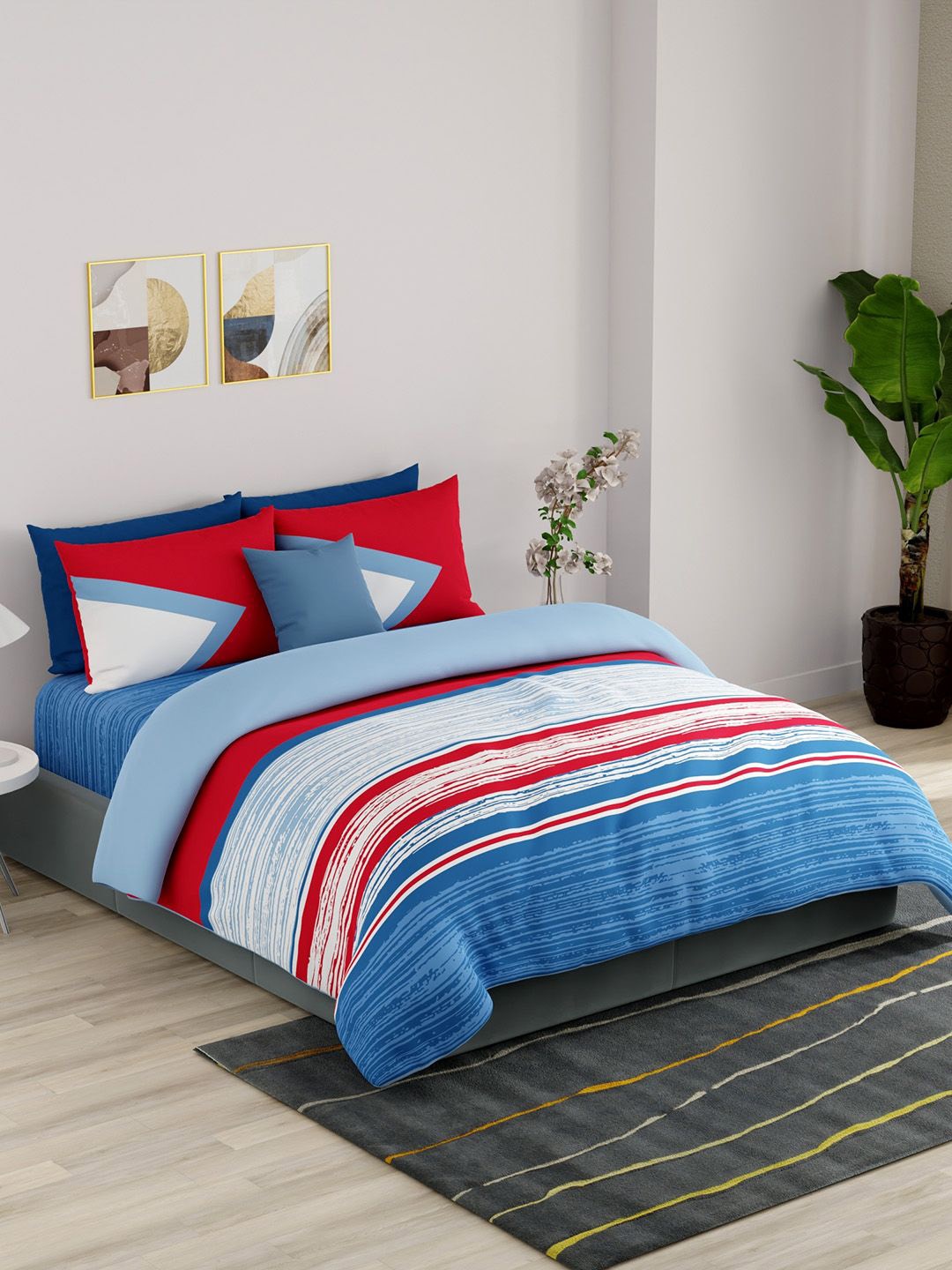 

United Colors of Benetton Red & Blue Striped Pure Cotton AC Room Extra Large Bedding Set